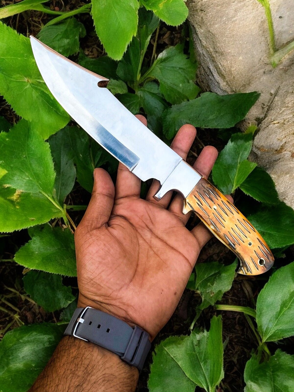 Custom Handmade Bowie Knife - D2 Steel Blade, Bone Handle, 13" Overall